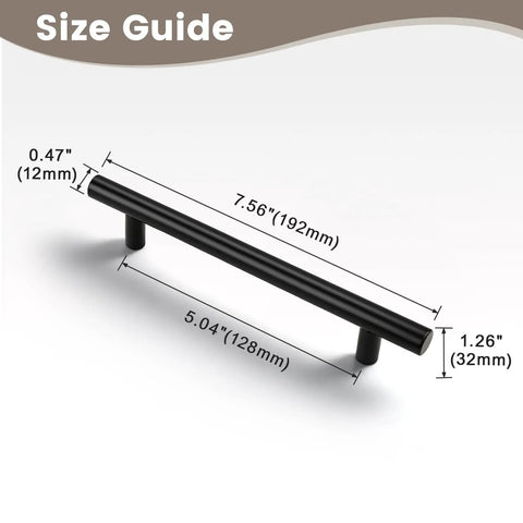 Size guide of Six Pack Black Cabinet Pulls 5 Inch Center To Center Stainless Steel Handles with dimensions and measurements.