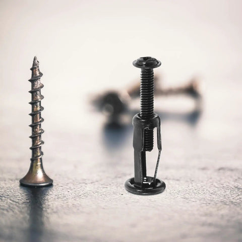 Expansion Screw Nuts Kit With Petal Expansion Mechanism For Metal And Hollow Wall, Carbon Steel Jack Nuts For Quick Install, Heavy Duty Fastening And Secure, Stable Connections For Construction Projects, black screw and anchor close-up