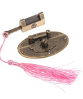 Antique Brass Key Hasp Lock For Wooden Boxes And Cabinets, Vintage Bronze Toggle Latch Hardware with pink tassel, 63x42mm