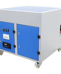 Boss Grade Metal Workbench With Built In Downdraft Suction Table And Multi Stage Welding Fume Extractor Vacuum For Grinding And Polishing 31.5 Inch 220V No Sweat Garage Rig with blue and grey design, wheels, and control panel.