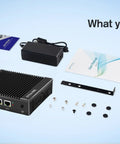 Intel J4105 Fanless Firewall Mini PC Router Featuring Four 2.5 Gigabit LAN Ports And Aes Ni Processing Power components including power adapter and user manual.