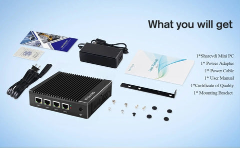 Intel J4105 Fanless Firewall Mini PC Router Featuring Four 2.5 Gigabit LAN Ports And Aes Ni Processing Power components including power adapter and user manual.