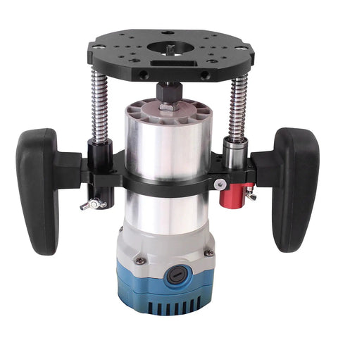 Built Like A Tank Aluminum Alloy Router Table Lift Base With Dead Nuts Accurate 65mm Plunge Mounting Plate and dual handles for precision drilling.