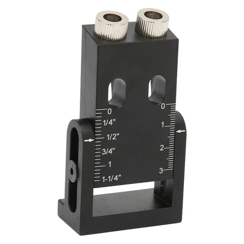Premium Woodworking Punch Locator With 15 Degree Inclined Angle Hole Guide For Drill Bits And Precision Jointing, Compact Aluminum Alloy Fixture showing scale and dual holes.