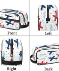 Adorable Airplane Travel Makeup Bag For Women And Men, Roomy Dopp Kit with airplane print and handle, front, back, left, right views