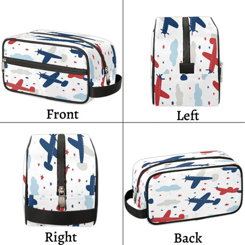 Adorable Airplane Travel Makeup Bag For Women And Men, Roomy Dopp Kit with airplane print and handle, front, back, left, right views