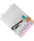 Ultimate 40 Piece TIG Welding Consumables Kit For Wp9 25 With Ceramic Nozzles, Glass Cups, Back Short Electrode Clips And O Rings in clear storage case.