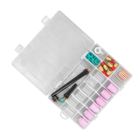 Ultimate 40 Piece TIG Welding Consumables Kit For Wp9 25 With Ceramic Nozzles, Glass Cups, Back Short Electrode Clips And O Rings in clear storage case.