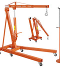 Heavy Duty 2 Ton Folding Hydraulic Engine Hoist With Slick Shop Crane Lift That Handles Heavy Motors And Transmissions Without Any Sweat For Zero Hassle Garage Work Featuring A Stable Base And Vibrant Orange Finish, shown from side angle.