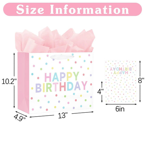 2-Pack 13 Inch Large Happy Birthday Gift Bags With Tissue Paper And Greeting Cards For Girls And Women Party Favors size chart