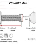 Heavy Duty M16 Hex Bolts And Nuts Kit, 50 Piece 304 Stainless Steel Fastener Set image showing size specs and details.