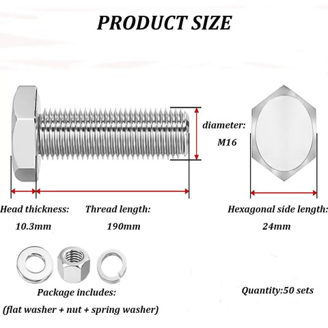 Heavy Duty M16 Hex Bolts And Nuts Kit, 50 Piece 304 Stainless Steel Fastener Set image showing size specs and details.