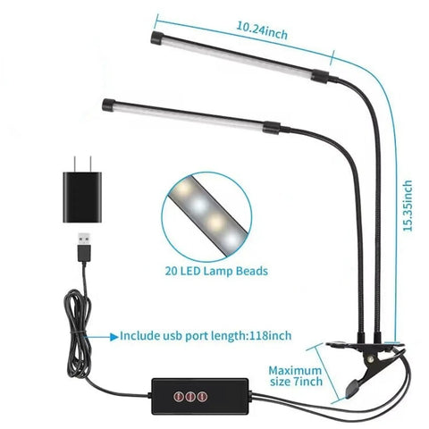 Dual Head LED Desk Lamp With Clamp, Eye Care Three Color Modes, Five Level Dimming, Clip On Light dimensions and USB cable
