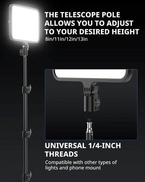 Adjustable height tripod of Two Pack LED Video Light Kit With 20W Ring Lights And 300 LEDs, featuring universal 1/4-inch threads.