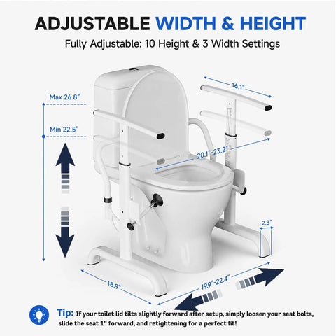 Image showing Built Tough Adjustable Toilet Safety Rails With Heavy Duty Stainless Steel Grab Bars For Seniors, adjustable height and width settings.