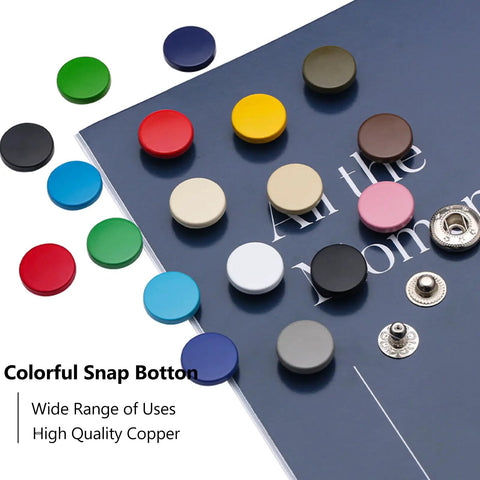120 Piece Leather Snap Button Kit With 15Mm Fasteners Includes 5 Fixing Tools 12 Color Options displayed with snaps and tools