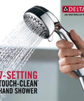 7 Setting Hand Shower Chrome Finish With Touch Clean Spray Holes For Easy Calcium Buildup Removal held in hand spraying water