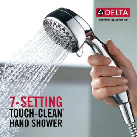 7 Setting Hand Shower Chrome Finish With Touch Clean Spray Holes For Easy Calcium Buildup Removal held in hand spraying water