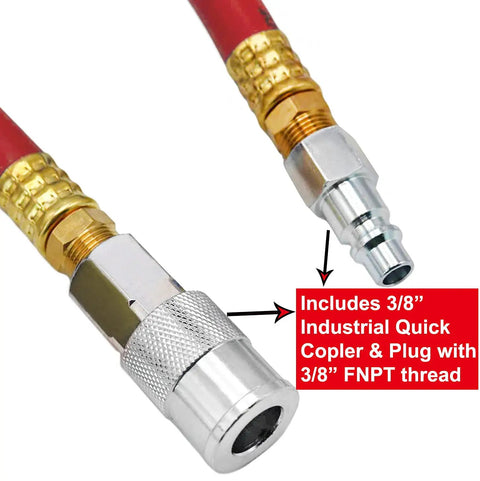 Workhorse Heavy Duty 1/2 In X 50 Ft Hybrid Air Hose For Compressors, 300 PSI with 3/8 Inch Quick Coupler and Plug