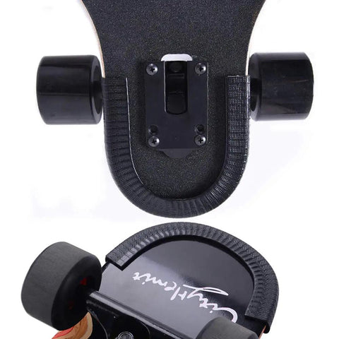 Durable Rubber Deck Protector for Skateboards and Longboards, black edge guards on nose with wheel detail, prevent nicks and chips.