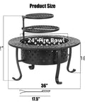 36 Inch Outdoor Fire Pit Table With Lid And Poker, Includes Two Grills For Backyard BBQ, measurements displayed.