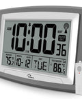 Atomic Wall Clock With Outdoor And Indoor Temperature, 12.5 Inch Large Digital Display, Self Setting, Battery Operated, shown on desk