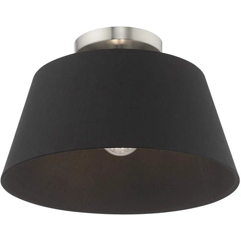 One Light Brushed Nickel Ceiling Mount Fixture With Black Accents showing tapered black drum shade and brushed nickel base