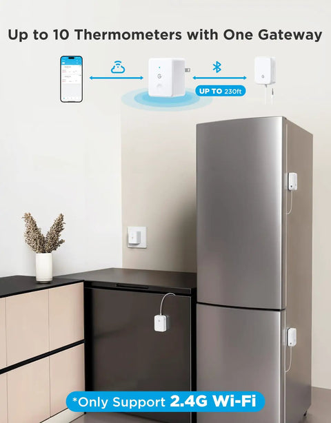WiFi Refrigerator Thermometer With Alarm, 2 Pack shown on a stainless steel fridge with remote app monitoring and WiFi indicator.