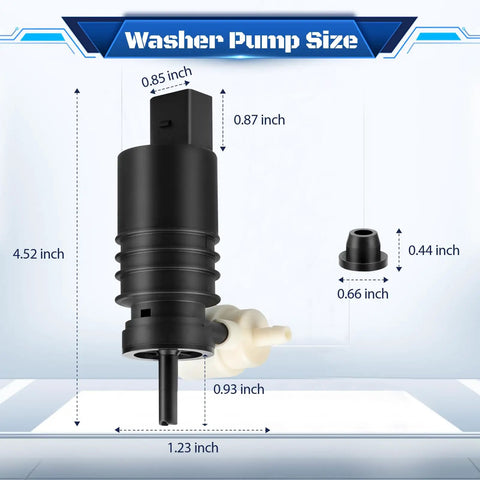 Windshield Washer Pump With Grommet Replacement For Jeep Wrangler Cherokee Compass easy install, size dimensions displayed.