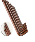 Top Notch Hex Key Wrench Set With Ball Head Ends Features Massive Range From Three To Fourteen Millimeters Perfect For Any Tough Bike, Car, Or Home Repair Job You Be Doing Without Breaking A Sweat Today. brown alloy hex key wrench set with ball head ends, metric sizes, angled view