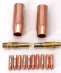 MIG Welding Kit 0.035 Inch showing brass diffusers, copper nozzles, and contact tips for Tweco Lincoln 100L Torch