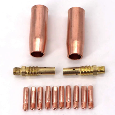 MIG Welding Kit 0.035 Inch showing brass diffusers, copper nozzles, and contact tips for Tweco Lincoln 100L Torch