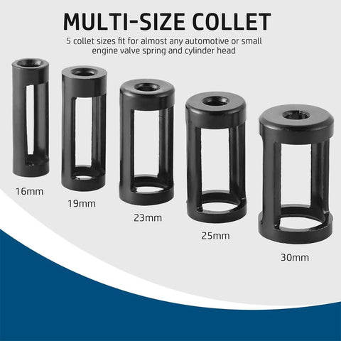 Five multi-size collets from Heavy Duty Overhead Valve Spring Compressor C Clamp Service Kit in 16mm to 30mm sizes.