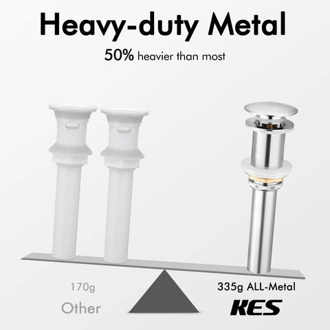 Comparison of plastic vs KES All Metal Rustproof Pop Up Bathroom Sink Drain with brass and stainless steel, polished chrome finish.