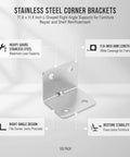 Heavy Duty Stainless Steel L Brackets 100 Pack 11.8 Inch corner supports with right angle design for furniture stability.