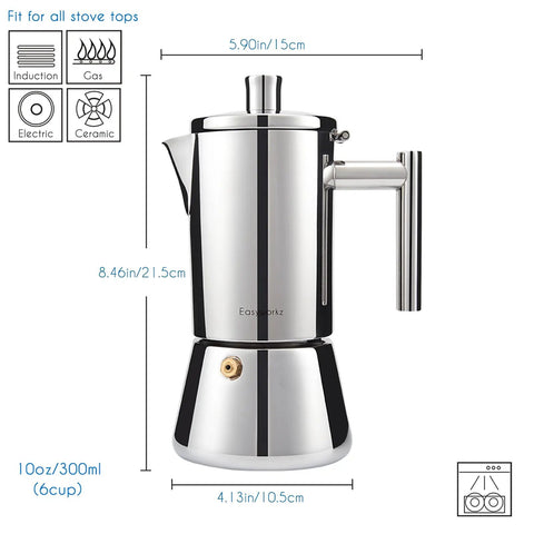 Stainless Steel Stovetop Espresso Maker 6 Cup Moka Pot For Induction 10 Oz Italian Style Coffee Pot With Heat Resistant Lid And Easy Grip Handle Magnetic Base For Even Heating Durable Everyday Coffee Maker, front view