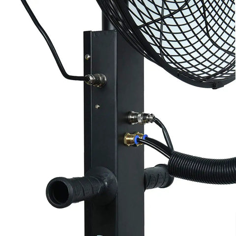 Close-up of tall misting fan connections showcasing durable material and hose for outdoor use. Keep It Chill With This Tall Misting Fan Packin Three Durable Speeds, Whisper Quieter Motor, And Full Room Oscillation To Bring That Fresh Vibe Anyplace You Set Up Shop Indoors Or Outdoors.