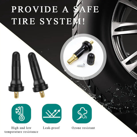 Four Pack TPMS 20008 Tire Valve Stems With Rubber Airtight Seal For Pressure Sensors Snap In Tubeless Replacement Fits Most Standard Auto Tires Car Accessories displayed with tire and features icons.