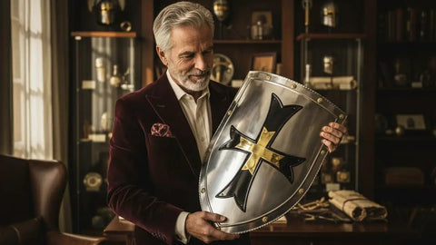 Medieval Crusader Steel Shield Beefy 18 Gauge Armor Handcrafted Warrior Shield with black cross crest in elegant room setting