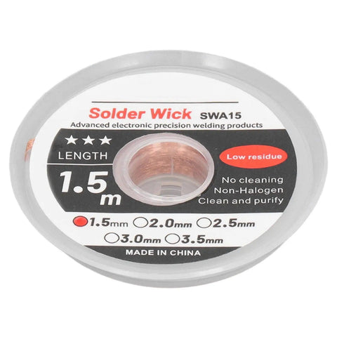 Reel of 5Pcs Pro Grade Desoldering Braid Solder Wick Premium Red Copper For Electronics Repair PCB Motherboard Phone Board 1.5 Meter Each 1.5mm Width Soldering Essentials, labeled 1.5 m length, low residue