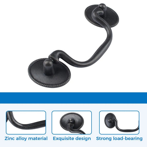 Drop Bail Drawer Handle Pull Set In Vintage Zinc Alloy With 83mm Hole Spacing For Cabinets And Furniture Slick Black Finish 2 Pack Screws Included Durable And Rust Resistant, zinc alloy black handle