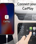 CarPlay USB C Cable For iPhone 17 16 15 Charger Cord connected to a car's infotainment system displaying CarPlay interface.