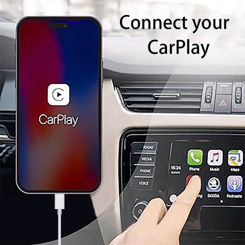 1Ft USB A To USB C CarPlay Cable For iPhone 17 16 15 Series connected to in-car CarPlay system, close-up view