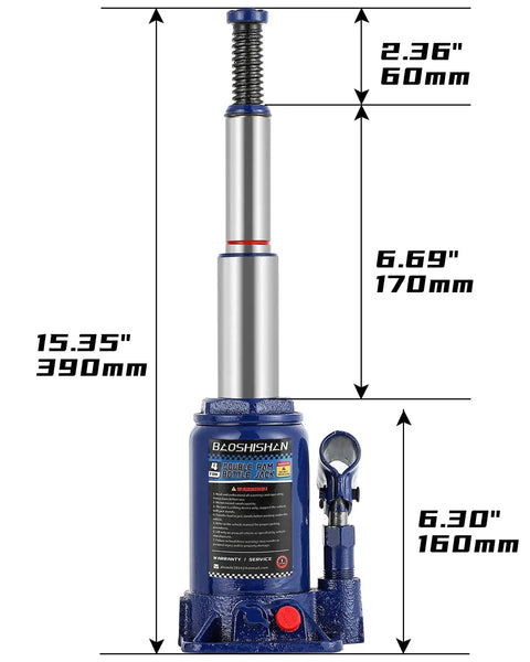 Workhorse Double Ram Bottle Jack 4 Ton Portable Hydraulic Jack With Case Extended Six And A Quarter Inch To Fifteen And Three Eighths Inch Lift Range Three Stage Stroke For Extra Reach Heavy Duty Auto Repair Tool For Garage Or Roadside