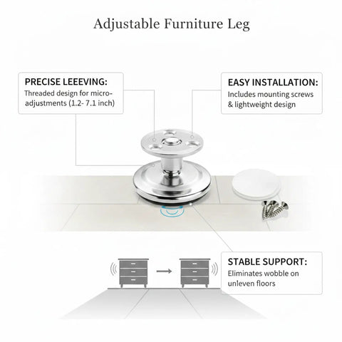 Threaded Adjustable Furniture Leg With Chrome Finish, 1.2 To 7.1 Inch Height Range, Plastic Leveling Feet With Mounting Screws