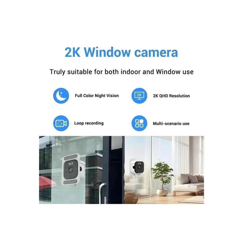 Hella Crisp 2K Cube Security Camera With Window Lens And Dual Band WiFi Live View AI Human Detection Full Color Night Vision Two Way Chat Built In Siren And 24 7 Loop Recording For Total Home Safe Vibes mounted on a glass window.