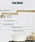 Wall Mount Pot Filler Faucet 19 Inch Folding Stretchable Kitchen Tap in Stainless Steel Brushed Gold with size chart.
