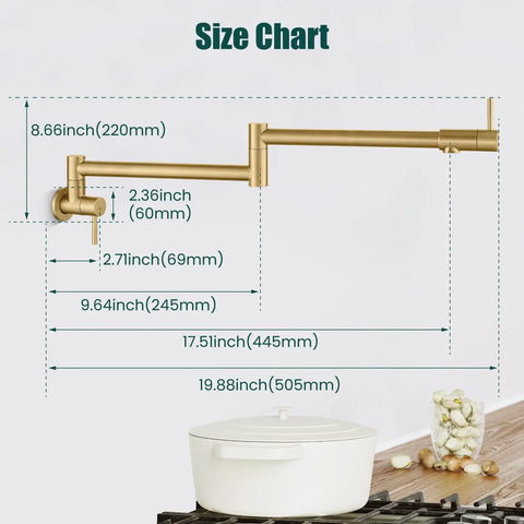 Wall Mount Pot Filler Faucet 19 Inch Folding Stretchable Kitchen Tap in Stainless Steel Brushed Gold with size chart.