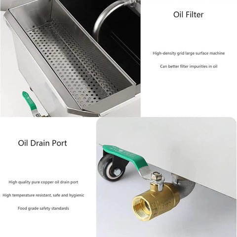 Oil filter and drain port detail of Heavy Duty 550W Mobile Deep Fryer Oil Filter Cart With Stainless Steel Construction.