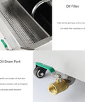 Heavy Duty Stainless Steel Deep Fryer Oil Filter Cart Top Shelf Smooth Rolling Workhorse For Busy Restaurants showing oil filter and drain port.